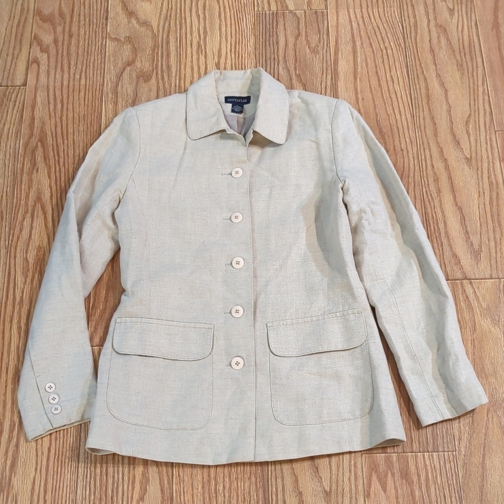 Lightweight tan linen-cotton blend jacket with button front, Ann Taylor S